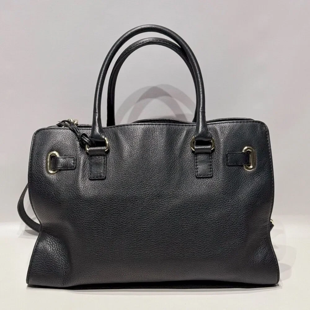 Michael Kors Hamilton Black Leather Tote Bag Shoulder Strap Medallion 15"x10"x4" - Picture 4 of 13